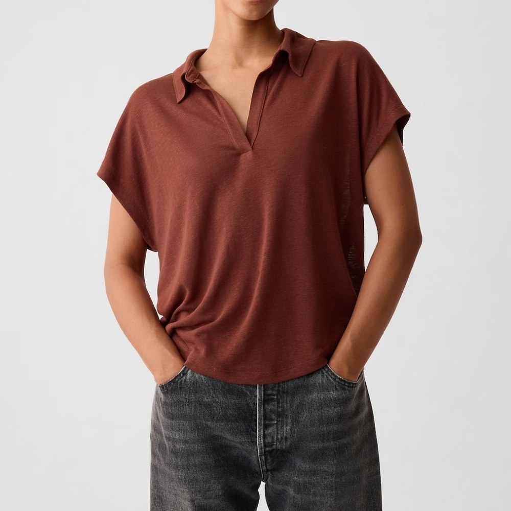 Linen-Blend Johnny-Collar Top